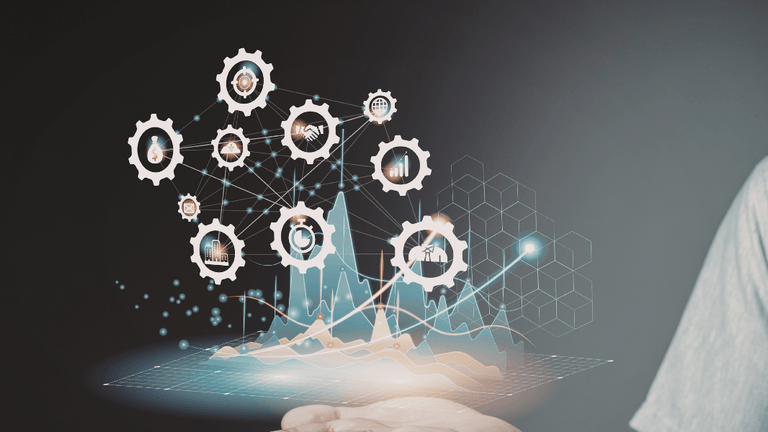 Digital innovation concept with connected business icons above an interactive analytics dashboard.