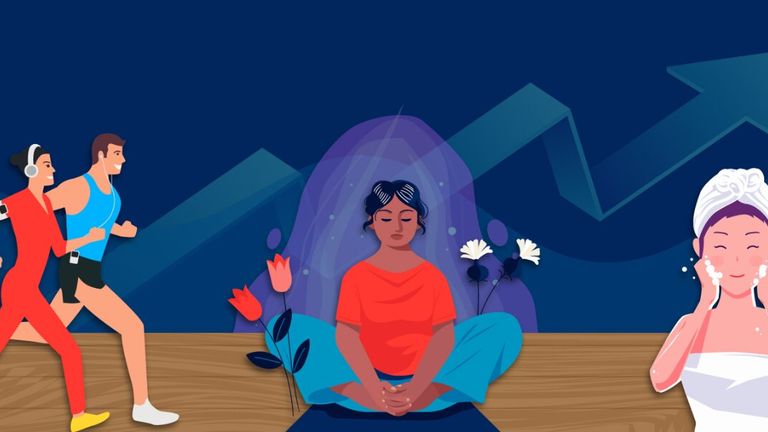 Illustration of exercise, meditation, and skincare connected by an upward arrow representing integrated wellness habits.