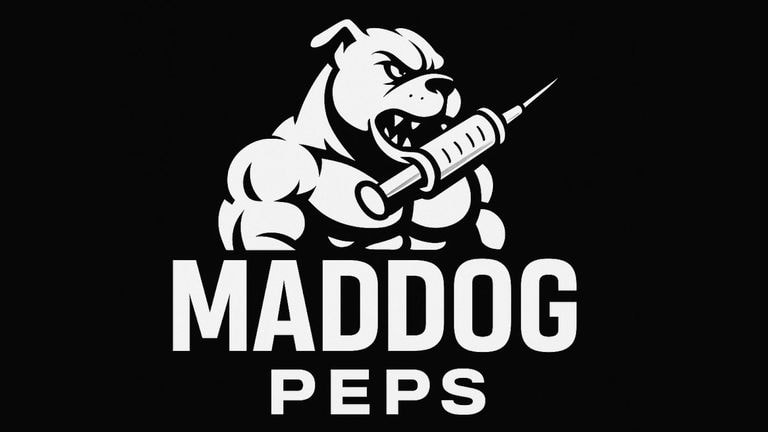 Logo of MADDOG Peps featuring a muscular bulldog with a syringe in its mouth, symbolizing strength, precision, and transparency.