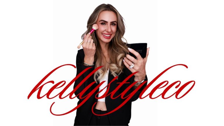 Kelly Farrell, founder of KellyStyleCo, applying makeup and smiling, embodying her personalized beauty education approach for women.