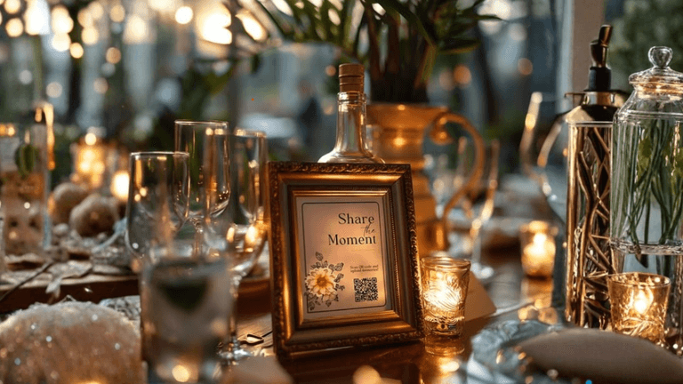 Elegant event table with candles, glassware, and a framed QR code, inviting guests to share photos in real-time.
