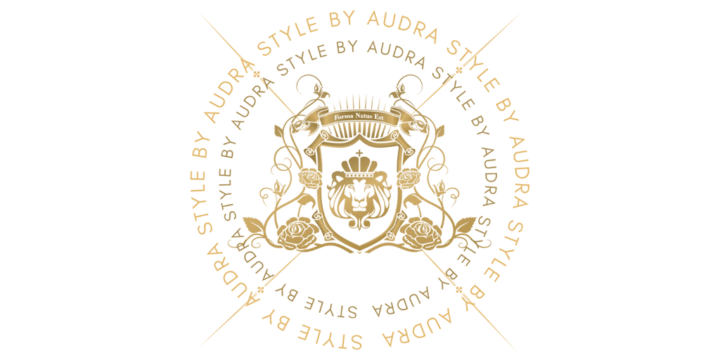 Logo of Style by Audra, featuring a crown, lion, roses, and the words 'Style by Audra' in elegant gold font.