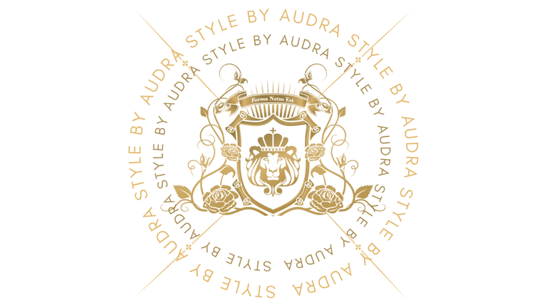 Logo of Style by Audra, featuring a crown, lion, roses, and the words 'Style by Audra' in elegant gold font.
