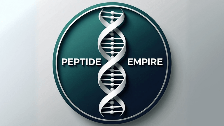 Peptide Empire logo featuring DNA helix symbol with bold text in a clean, modern design.