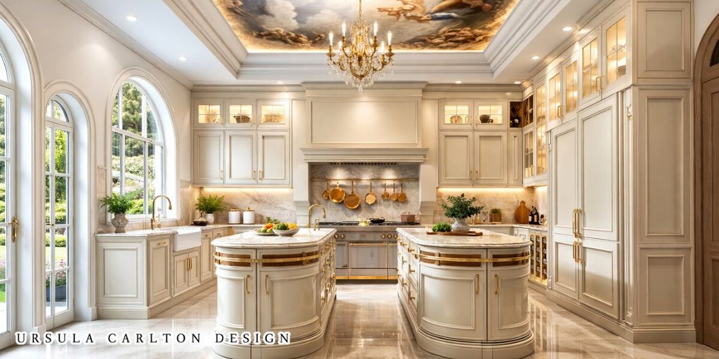 Elegant luxury kitchen with cream cabinetry, gold accents, marble islands, and ornate ceiling mural.