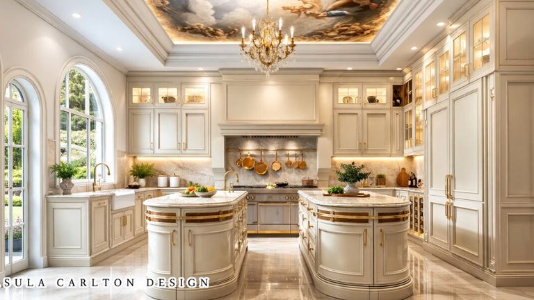 Elegant luxury kitchen with cream cabinetry, gold accents, marble islands, and ornate ceiling mural.