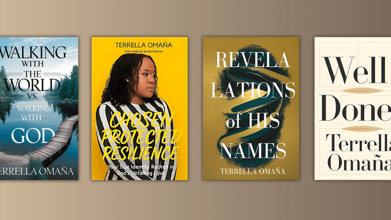 The image features the book covers of Terrella Omaña’s works, including Walking With The World vs Walking With God, Chosen Protected Resilience, Revelations of His Names, and Well Done.