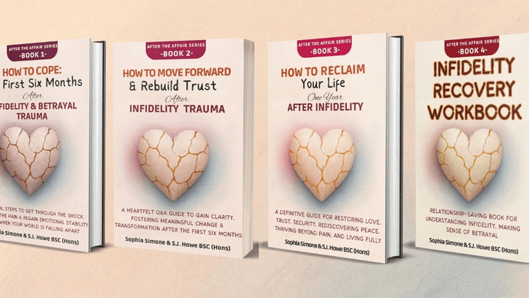 Four books from the 'After the Affair Series' addressing recovery from infidelity trauma, featuring cracked heart cover design.
