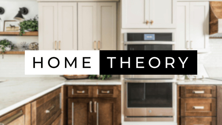 Home Theory logo over a beautifully designed kitchen, symbolizing transformation and personalized design.