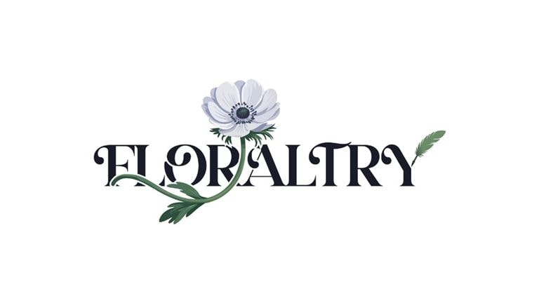Floraltry's logo featuring a white Mistral Anemone flower intertwined with elegant lettering, symbolizing emotional gifting.