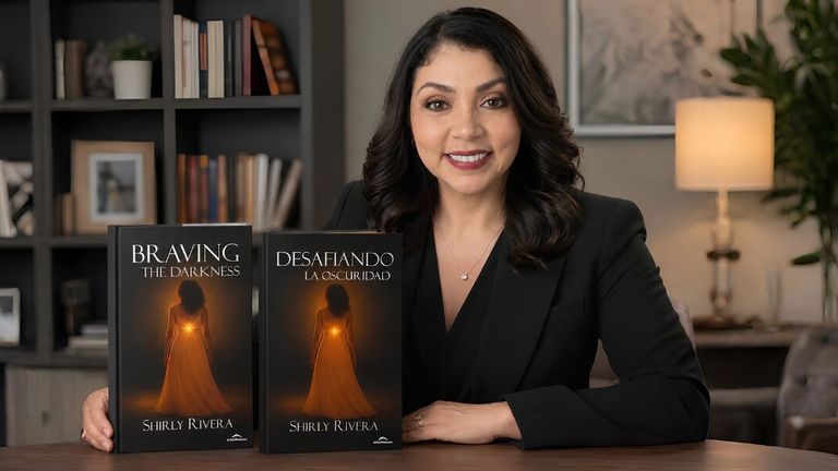 Shirly Rivera poses with her books, Braving the Darkness and Desafiando la Oscuridad, in an office setting.