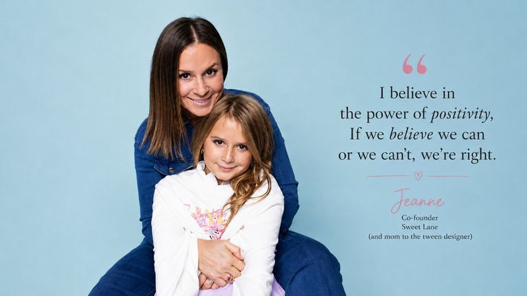 Mother hugs daughter beside quote about positivity, highlighting the family partnership behind Sweet Lane.