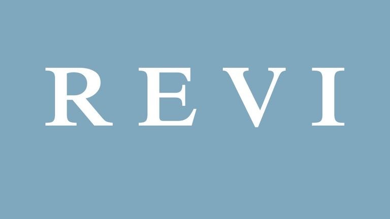 REVI wellness brand logo on a light blue background.