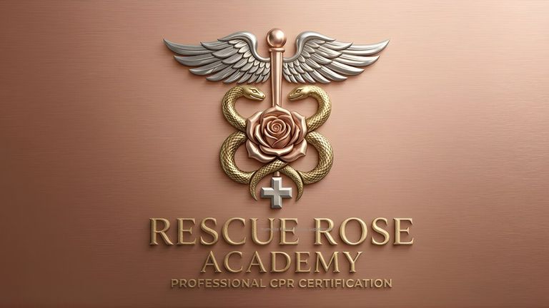 Logo for Rescue Rose Academy features a winged staff with intertwined gold snakes around a rose and a cross, symbolizing health. Text reads, "Professional CPR Certification."