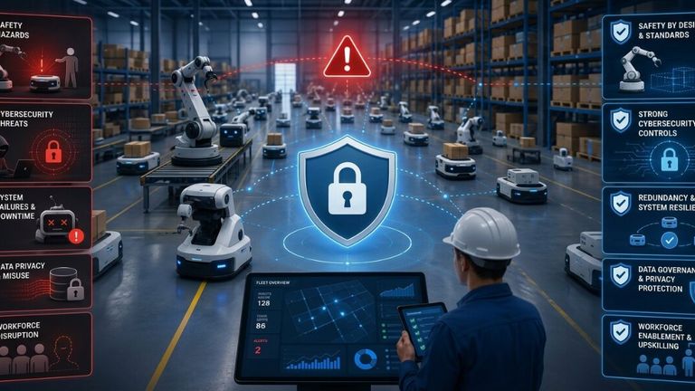 Warehouse robot fleet with cybersecurity shield, risk warnings, and human operator monitoring autonomous systems.