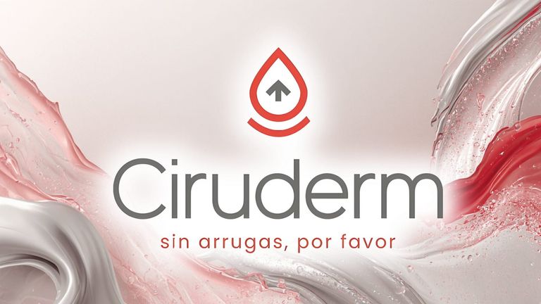 Ciruderm logo over flowing red and white abstract waves, representing luxury medical aesthetics and rejuvenation.