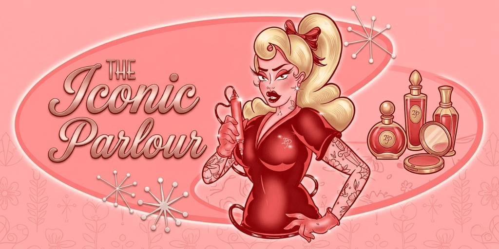The Iconic Parlour retro-inspired logo featuring a tattooed beauty artist and cosmetic products.