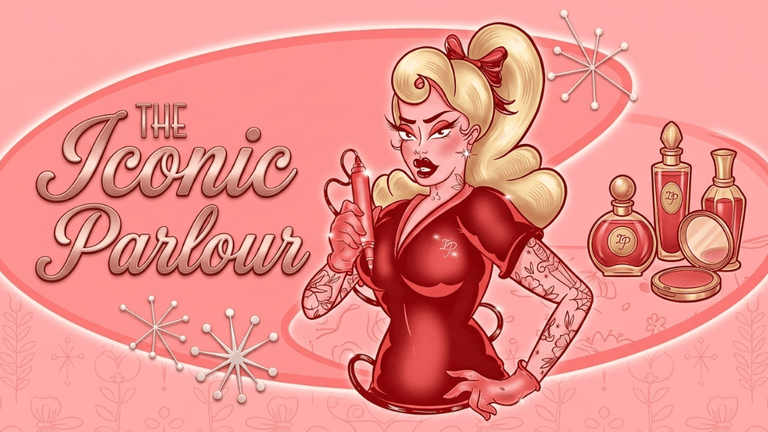 The Iconic Parlour retro-inspired logo featuring a tattooed beauty artist and cosmetic products.