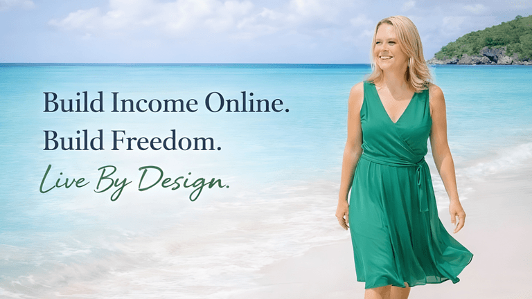 Smiling woman in green dress walking beach with text: Build Income Online, Build Freedom, Live By Design.