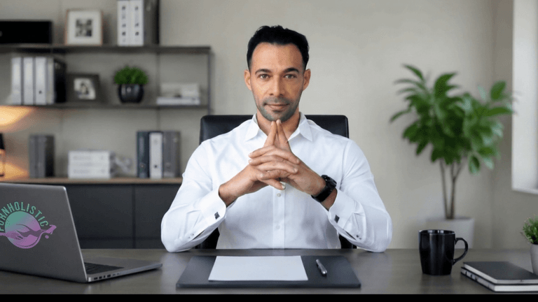 Man in a white shirt seated at a desk with a laptop displaying the Pormholistica logo.