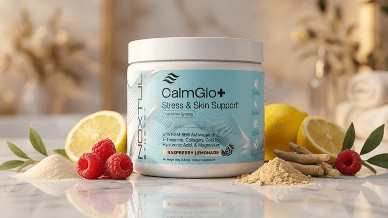 CalmGlo+ Stress & Skin Support with raspberries, lemon, and ingredients on a marble countertop.
