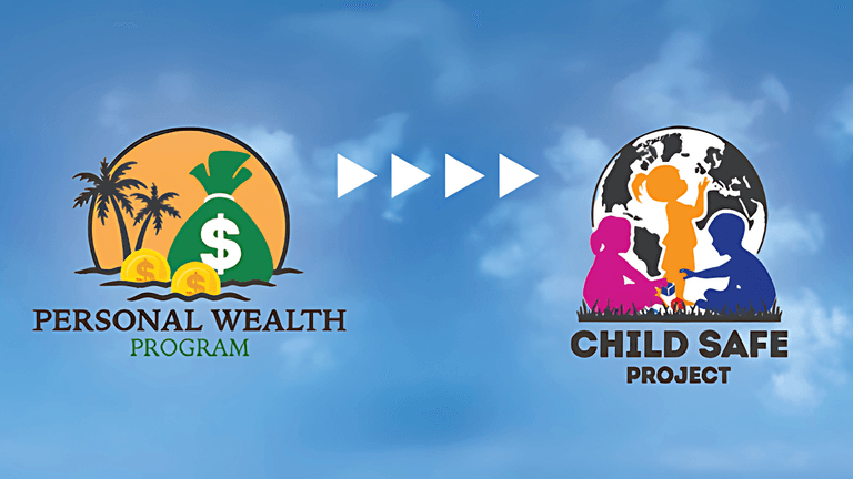 Logo transition from Personal Wealth Program to Child Safe Project, symbolizing financial growth supporting vulnerable children.