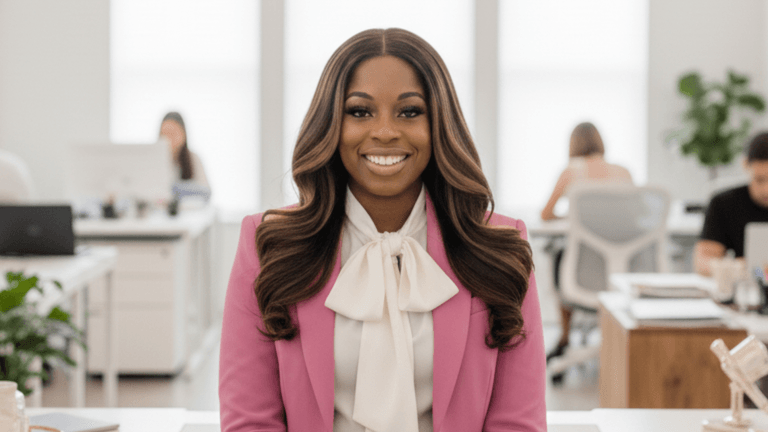 Dr. Melody McIntosh-Hayes, founder of She Is Global Awards, smiling in an office setting, embodying empowerment and leadership.