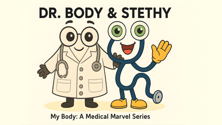"Dr. Body and Stethy characters from 'My Body: A Medical Marvel' series, teaching kids about anatomy through fun, educational storytelling."