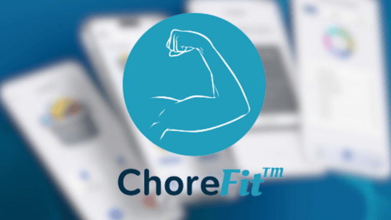 ChoreFit logo with app interface, tracking household chores as legitimate exercise, promoting fitness through everyday activities and wellness.