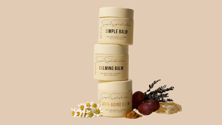 Simple Sophistication skincare products, including Simple Balm, Calming Balm, and Anti-Aging Balm, made with natural, nourishing ingredients like tallow.