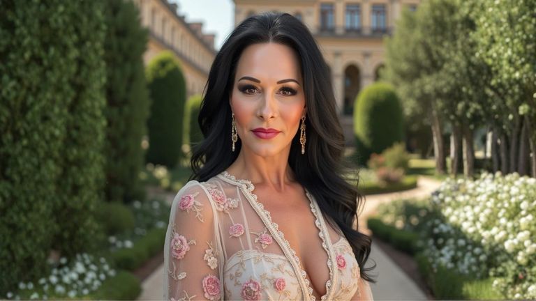 Michele Hunter wearing a floral embroidered dress in a landscaped garden.