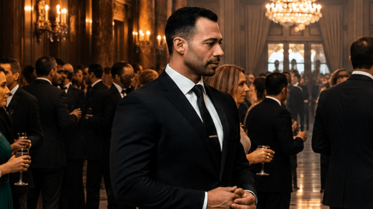 Simone Giaquinto in a black suit at a formal event surrounded by guests.