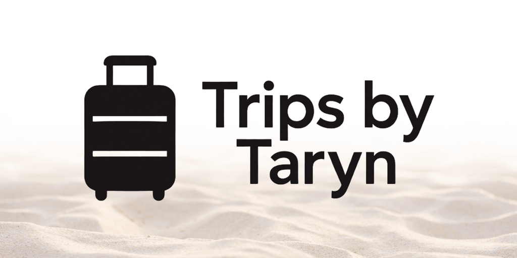 Trips by Taryn logo with a suitcase icon displayed over a sandy background.