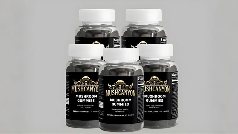 Six bottles of MushCanyon Mushroom Gummies, designed for immune support, cognitive benefits, and clean energy with 10:1 extracts."