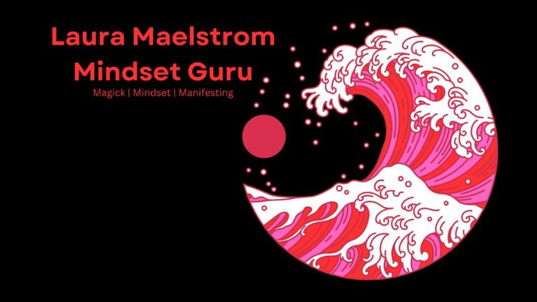 Illustration of a red wave with a full moon, symbolizing transformation and growth, with the text 'Laura Maelstrom Mindset Guru.