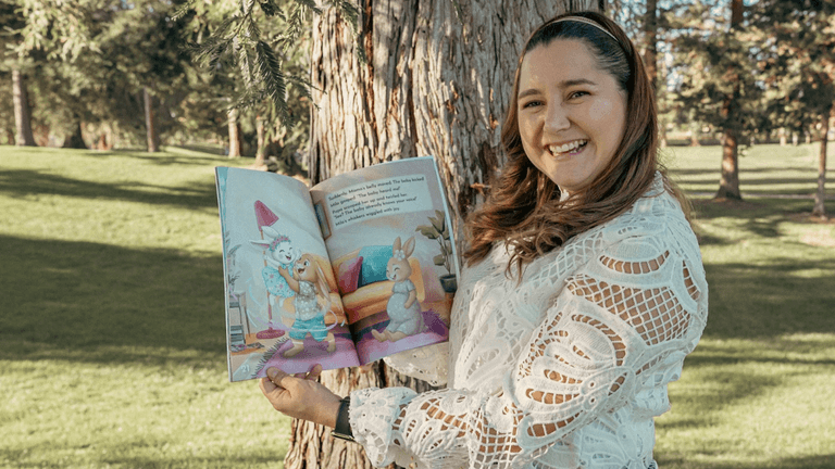 "Pali Bermúdez, creator of Bunny Tails, sharing a bilingual children’s book, empowering families through storytelling and emotional growth."