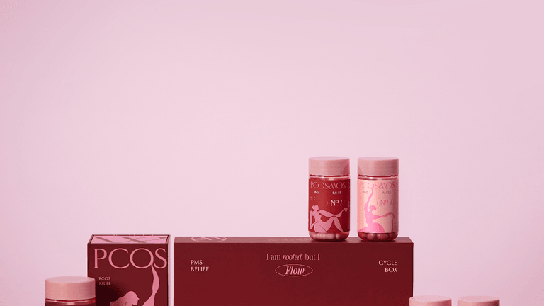"PCOSMOS hormone health supplements promoting personalized cycle-based support for women’s hormonal wellness, featuring colorful product packaging."