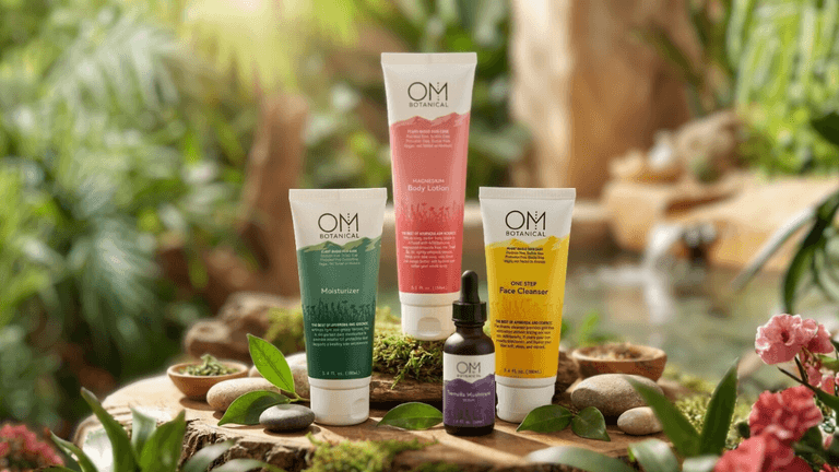 "OM Botanical skincare products, showcasing Ayurvedic-inspired, clean beauty formulations including moisturizers, face cleansers, and body lotion."