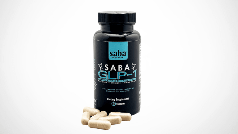 Saba GLP-1 dietary supplement bottle alongside capsules, designed to boost GLP-1 production, enhance metabolism, and improve gut health with natural ingredients.