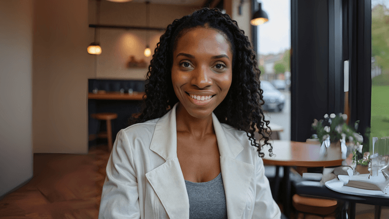 "Happy young woman with curly hair wearing a white blazer, sitting at a table in a bright cafe. The background includes plants and natural light, offering a relaxed and welcoming vibe."