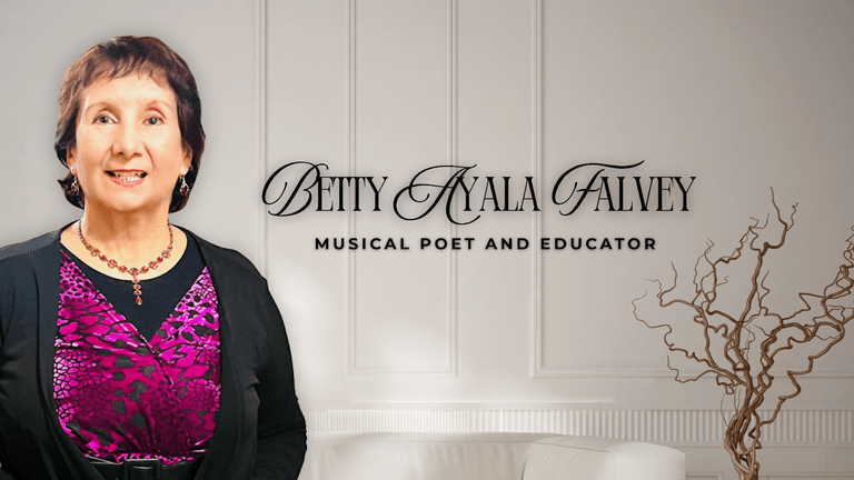 Betty Ayala Falvey smiling beside her name and title, "Musical Poet and Educator," on a neutral background.