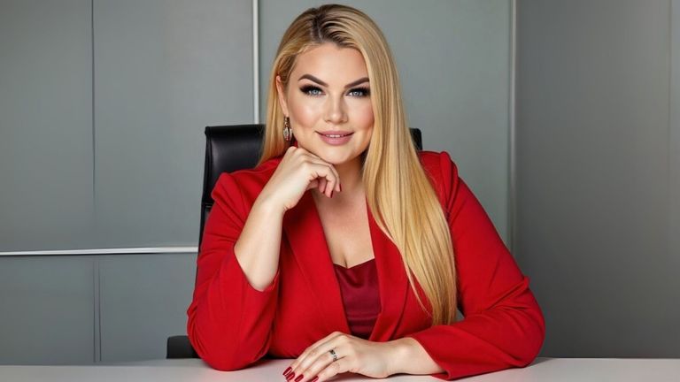 Smiling woman in a red suit sitting at a desk with her hand resting on her chin, in front of a neutral-colored background.
