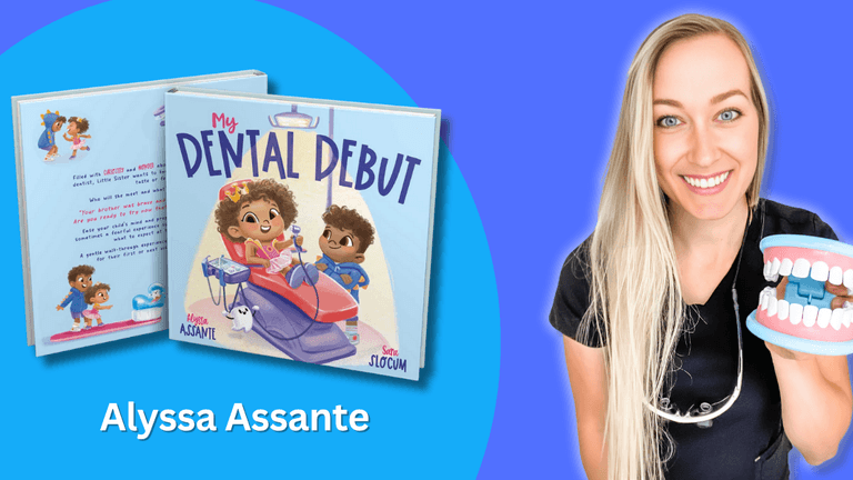Image ALT Text Generator said: Alyssa Assante with her book My Dental Debut, promoting dental education for kids.
