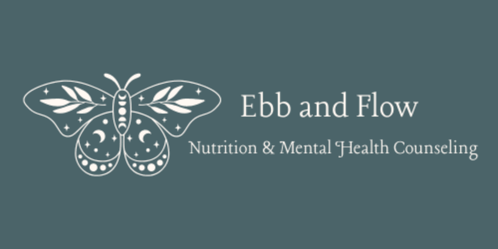 Logo for Ebb and Flow Nutrition & Mental Health Counseling featuring a stylized butterfly with stars and moons.