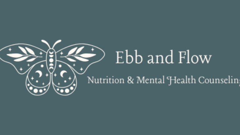 Logo for Ebb and Flow Nutrition & Mental Health Counseling featuring a stylized butterfly with stars and moons.