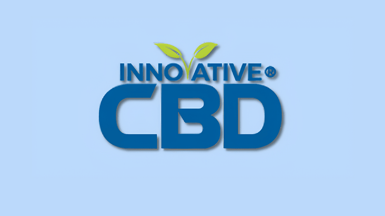Logo of Innovative CBD in bold blue letters, with a leaf graphic above the 'I' representing the brand’s focus on organic CBD products and its commitment to natural, plant-based wellness.