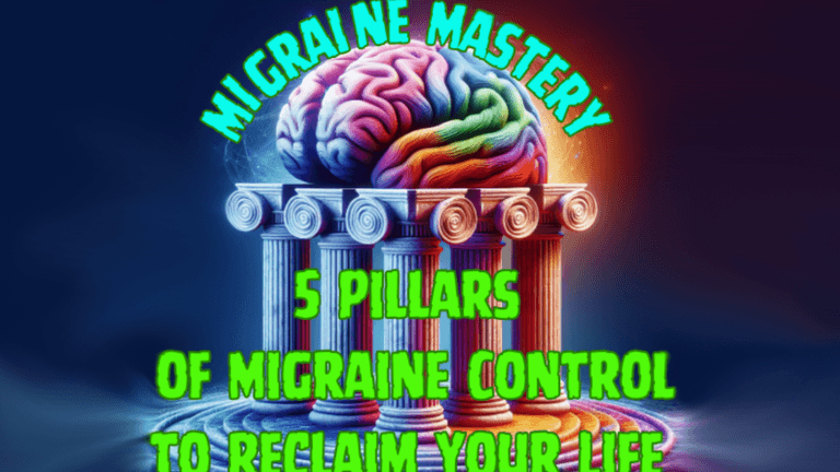 Migraine mastery, 5 pillars of migraine control to reclaim your life with brain and pillar imagery.