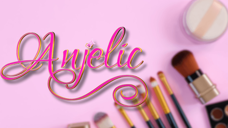 "Anjelic logo in elegant script above makeup brushes and products on a pink background, representing accessible beauty."