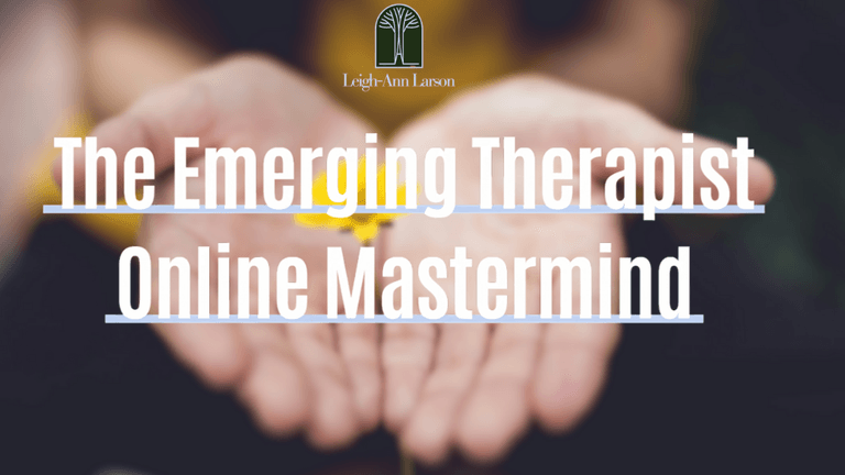 Hands holding a yellow flower with the text 'The Emerging Therapist Online Mastermind' overlayed, promoting a therapeutic program for emerging therapists, with a soft blurred background.
