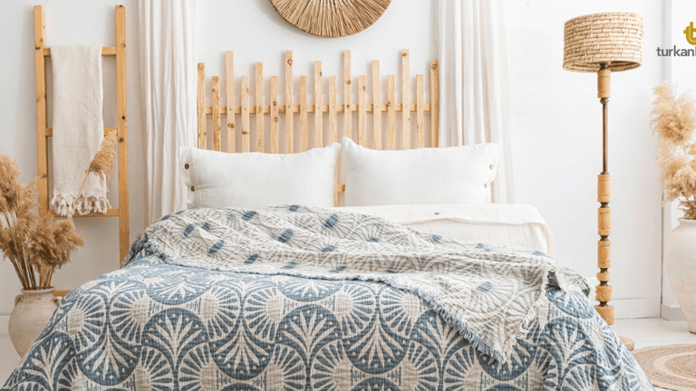 "Elegant TurkanHome muslin bed blankets blend Turkish craftsmanship with sustainable luxury for a timeless, multifunctional home decor."